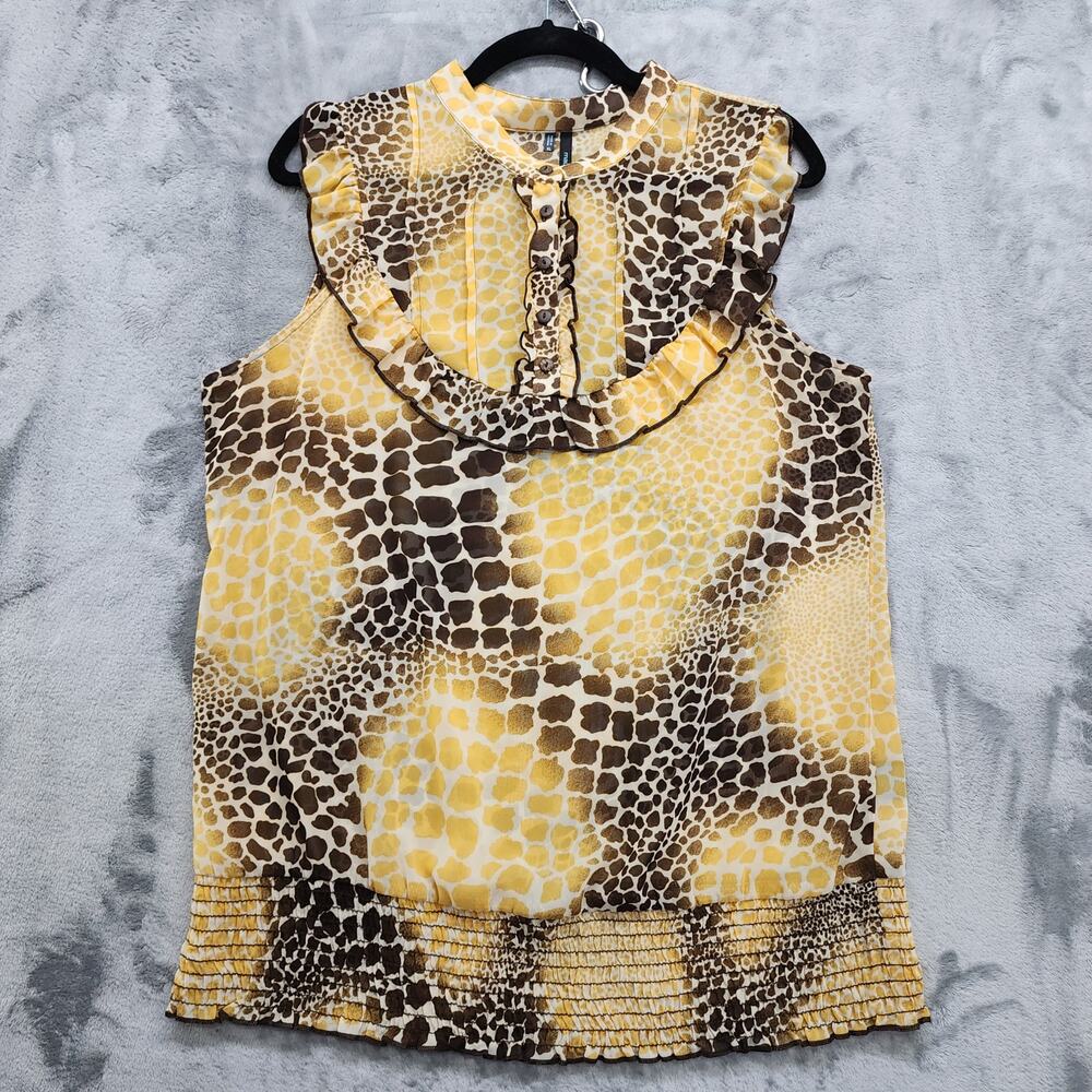 Maurices Top Womens XL Brown Yellow Animal Print Sleeveless Ruffled Chiffon